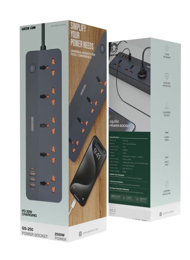 GS-250 Power Socket 2500W, Fast Charging, Lightning & Overload Protection, UK Plug 2M Power Cord, Flame Retardant, Simultaneously Charging, 4 USB ports, 5 AC plugs, 250V Voltage