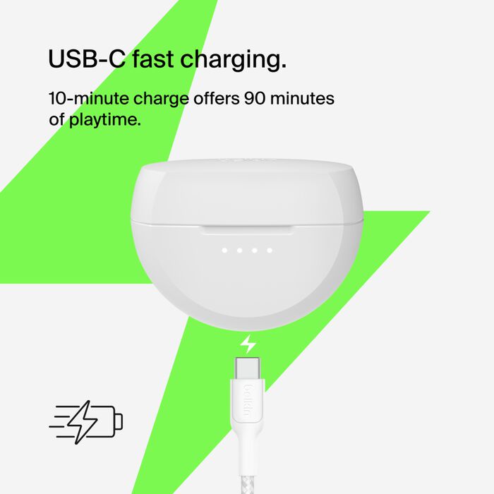 Belkin SoundForm Rhythm True Wireless Earbuds with Built-in Microphone, USB-C Fast Charging, 28H Battery Life