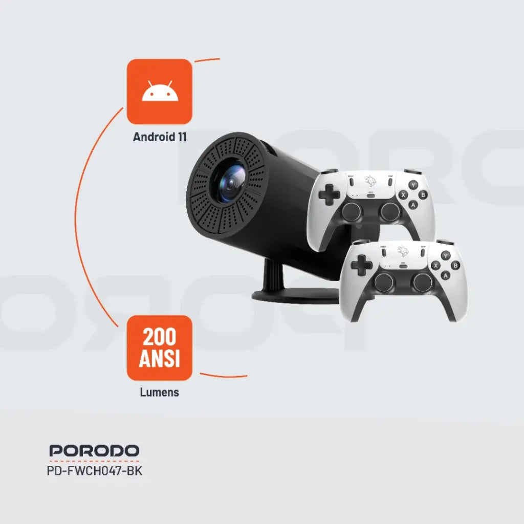 Porodo Gaming 4K Projector Android 11 with Auto Keystone and Gamepad Controller