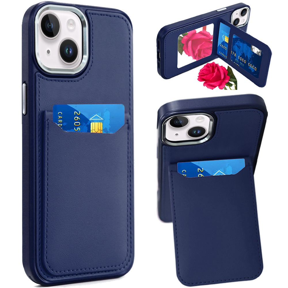iPhone 15 Dark Blue PU Leather Mirror Card Case
