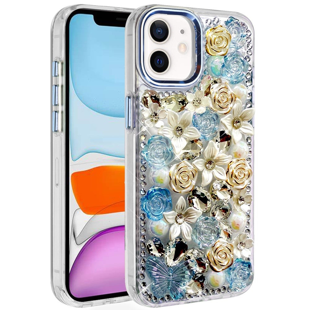 iPhone 11 Blue Rose Bling Stones Ornaments Case