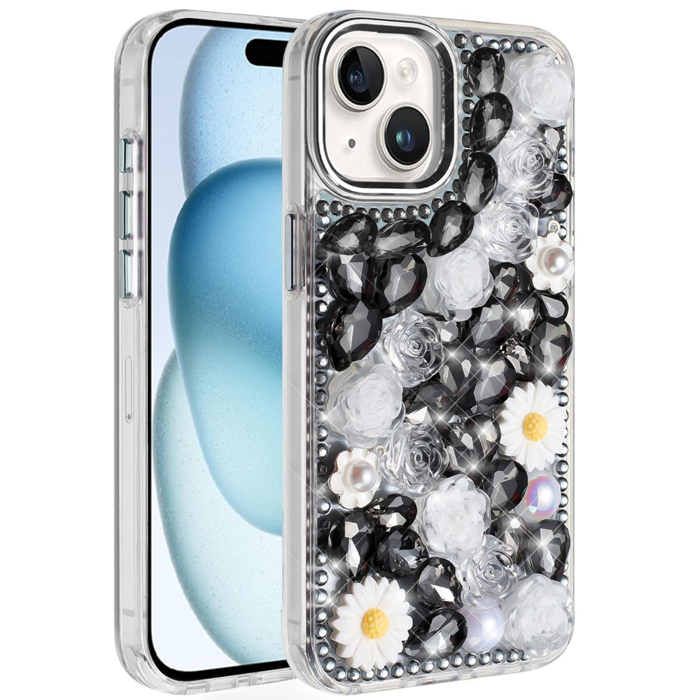 iPhone 15 Black Floral Bling Glitter Hybrid Case