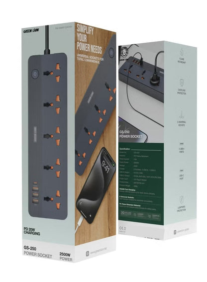GS-250 Power Socket 2500W, Fast Charging, Lightning & Overload Protection, UK Plug 2M Power Cord, Flame Retardant, Simultaneously Charging, 4 USB ports, 5 AC plugs, 250V Voltage