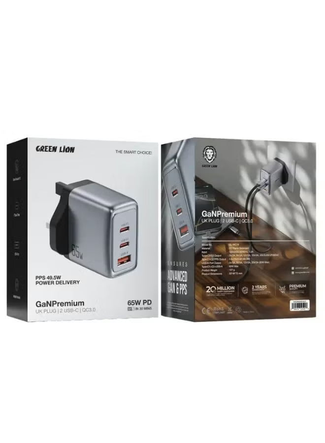 Green Lion 65W GAN Adapter – Premium USB-C Fast Charging Wall Charger with UK Plug