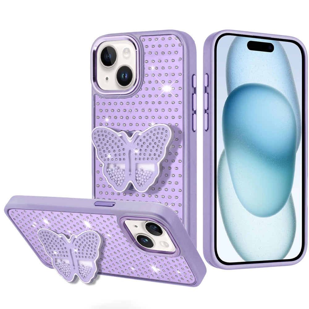 iPhone 15 Purple Butterfly Grip Diamond Hybrid Case