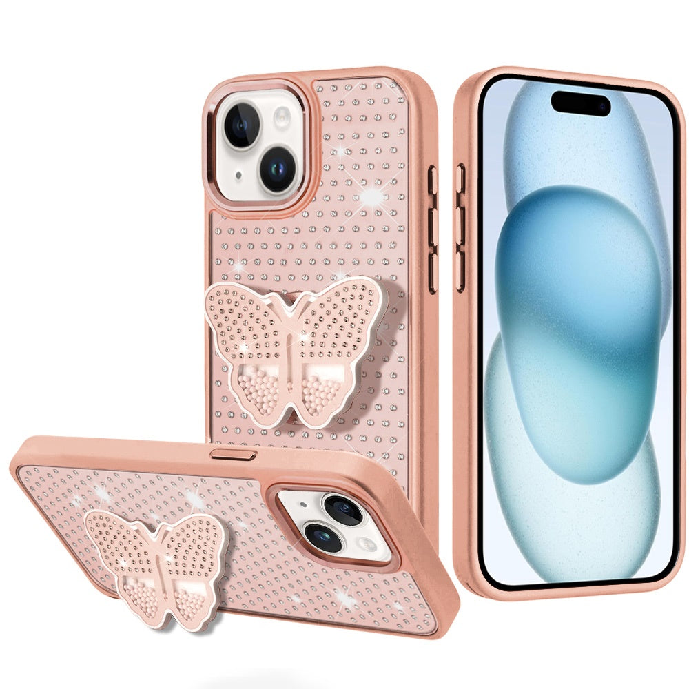 iPhone 15 Rose Gold Butterfly Grip Diamond Hybrid Case