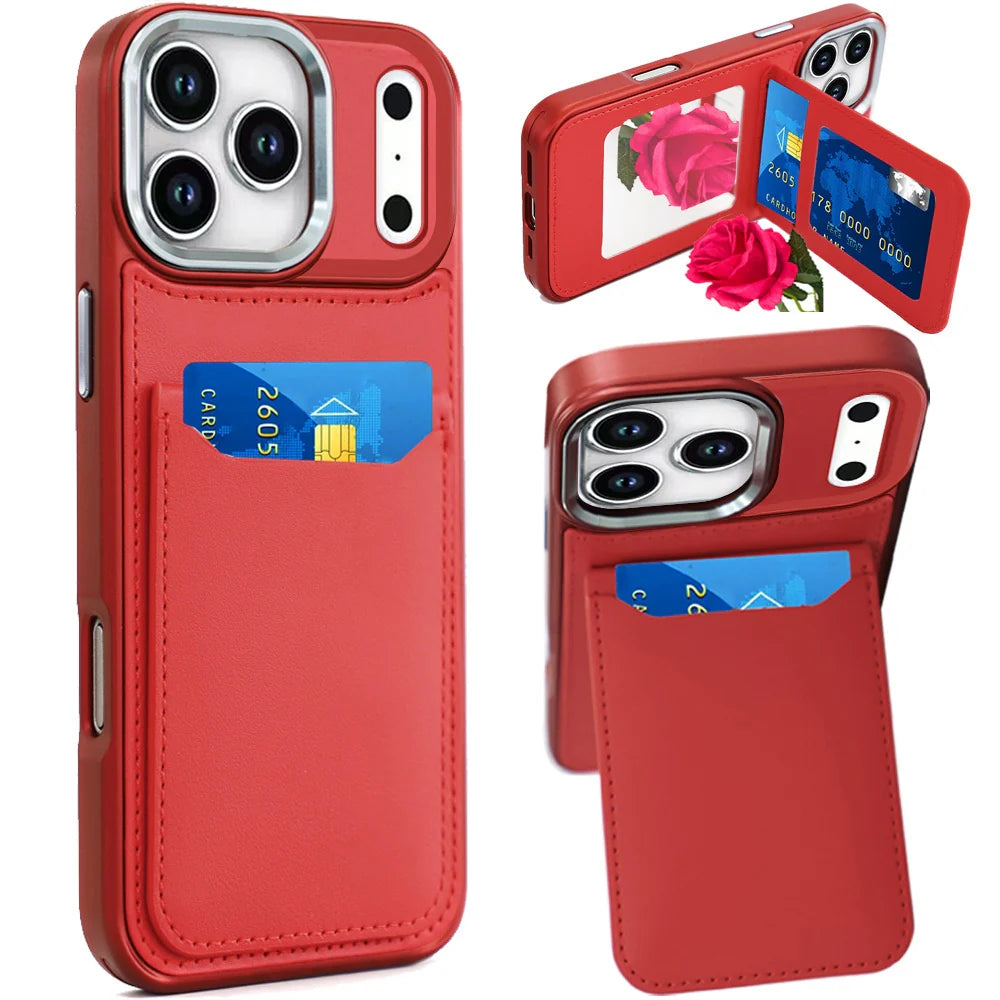iPhone 17 Pro Max Leather Wallet Mirror Hybrid Case - Red