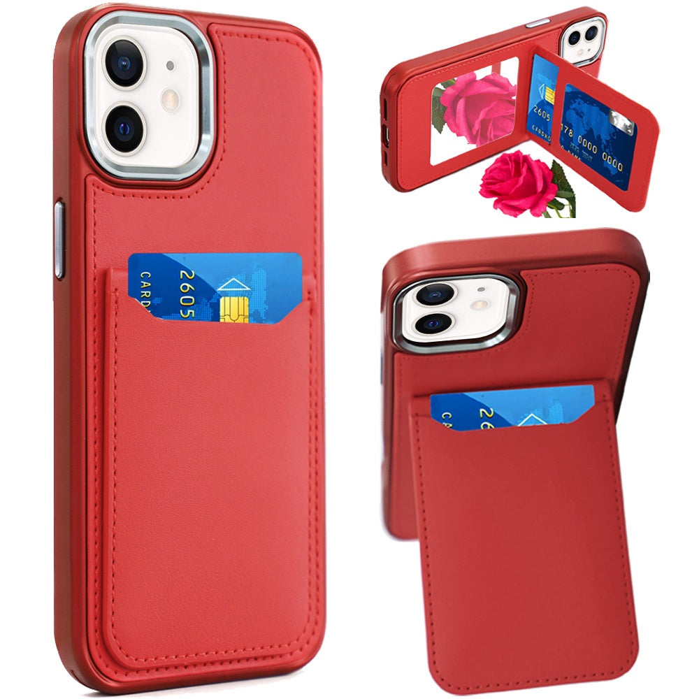 iPhone 11 Red PU Leather Mirror Card Holder Case