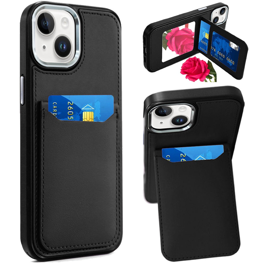iPhone 15 Black PU Leather Mirror Card Case