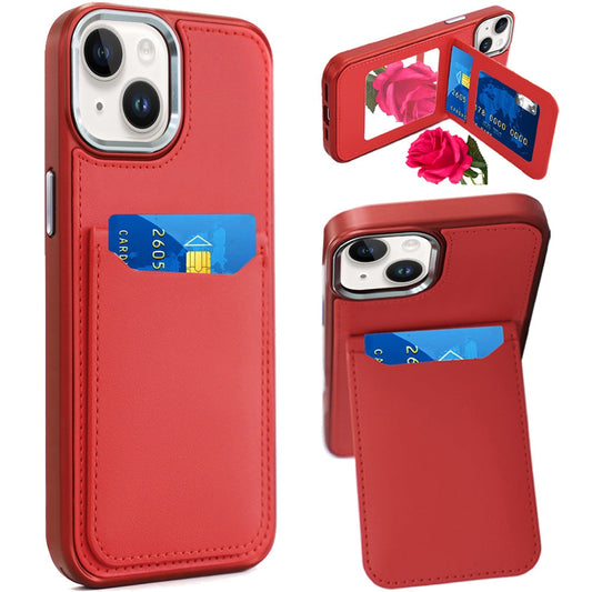 iPhone 15 Red PU Leather Mirror Card Case