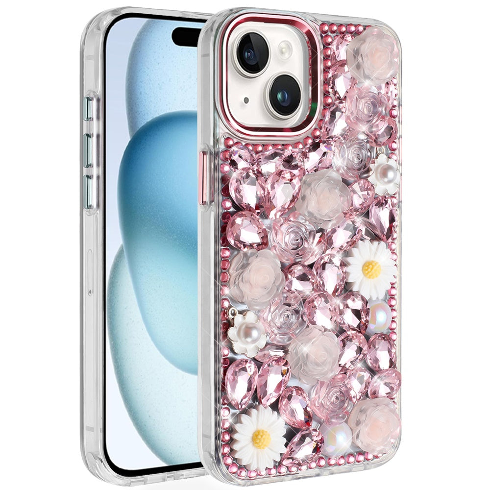 iPhone 15 Pink Floral Bling Glitter Hybrid Case