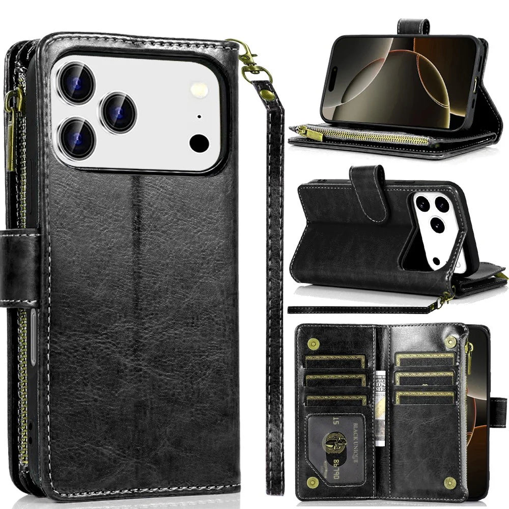 iPhone 17 Pro Max Luxury Wallet Zipper Case - Black