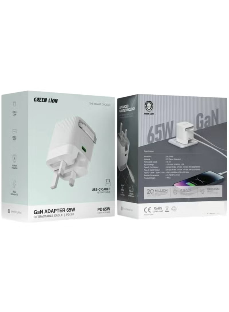 Gan Adapter 65W PD 3.0, 70 cm Retractable Cable