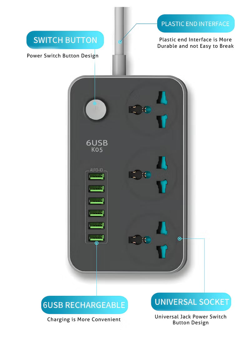 2 Meters Universal Extension Lead with Multiple Function UK Plug 3 Pin Socket